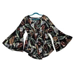 Shein Curve Womens 1XL Black Floral BellSleeve FauxWrap Top Tropical Lightweight